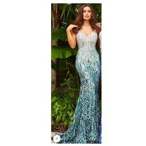 NWT Jovani 06450 Silver Green Backless Sequin Dress Size: 6